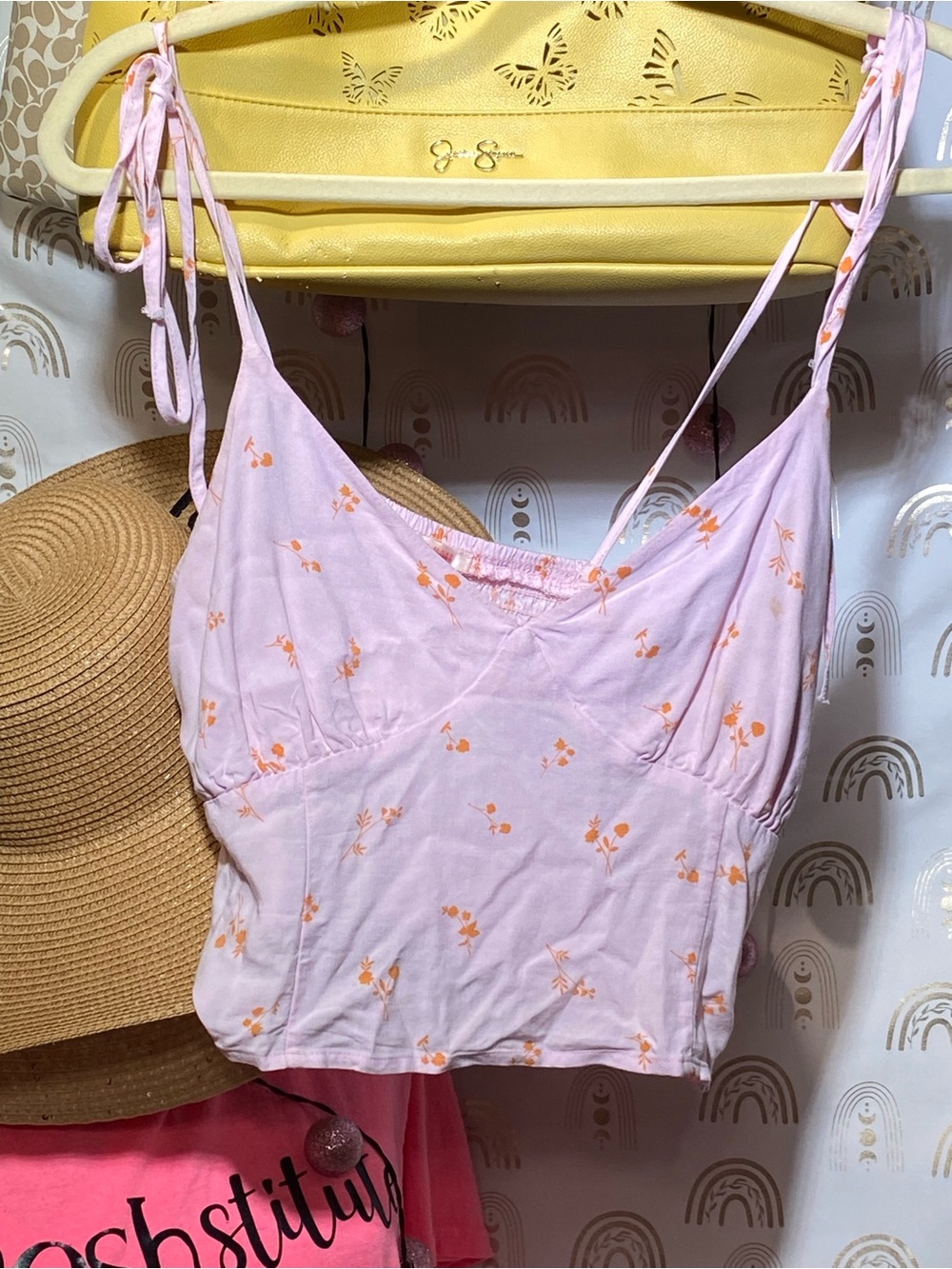 Tie-Shoulder Floral Cropped Camisole in Light Pink